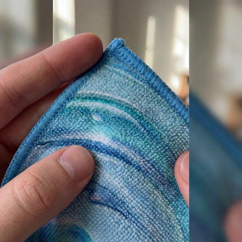 May include: Close-up of a microfiber cleaning cloth with a blue and white swirl pattern. The cloth has a stitched blue border. The texture of the cloth is visible, highlighting its absorbent qualities. Ideal for cleaning.