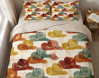Watercolor Cowboy Hats Cotton Duvet Cover, Boho Western Bedding Set