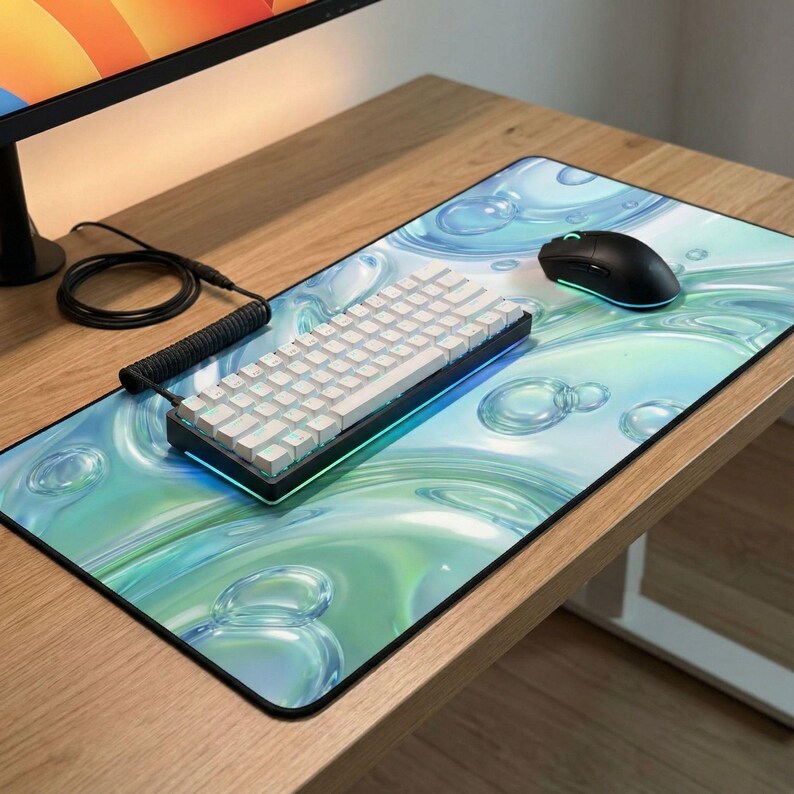 Puede incluir: Alfombrilla de rat&oacute;n rectangular con un dise&ntilde;o de burbujas de agua azules y verdes. Un teclado blanco y un rat&oacute;n negro est&aacute;n sobre la alfombrilla. El teclado tiene teclas blancas y un marco negro. Tambi&eacute;n se ve un rat&oacute;n negro y un cable negro en espiral.