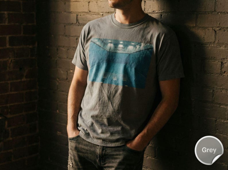 May include: A gray t-shirt with a blue and white graphic of a stadium. The shirt is short-sleeved and has a crew neck. The person is wearing blue jeans and is leaning against a brick wall.