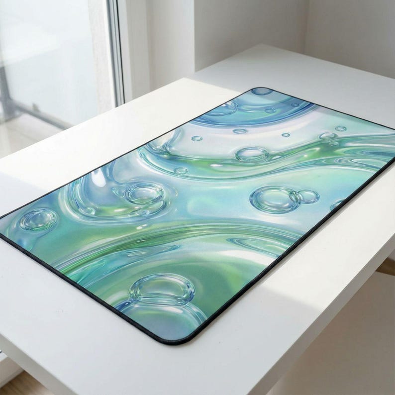 Puede incluir: Alfombrilla de rat&oacute;n rectangular con un dise&ntilde;o acu&aacute;tico. El dise&ntilde;o presenta patrones arremolinados en tonos azules y verdes, con formas de burbujas. La alfombrilla tiene un borde negro y est&aacute; colocada sobre una superficie blanca.