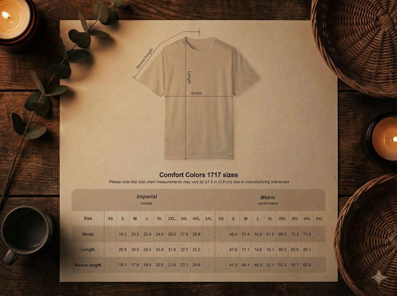 May include: A tan t-shirt laid flat, with measurements for width, length, and sleeve length. The size chart includes imperial measurements in inches and metric measurements in centimeters. The text "Comfort Colors 1717 sizes" is visible.