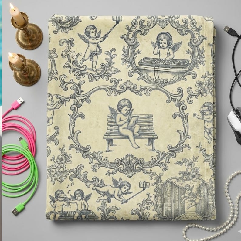 May include: A cream-colored blanket with a repeating pattern of cherubs in ornate frames. The cherubs are depicted in various activities, including using a tablet, taking selfies, and DJing. The blanket has a vintage, antique aesthetic.