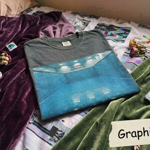 May include: A graphite gray t-shirt with a blue and white graphic of a pool interior. The shirt has the text "NO DIVING CAPACITY 0" on the graphic. The word "Graphite" is written on a white label.