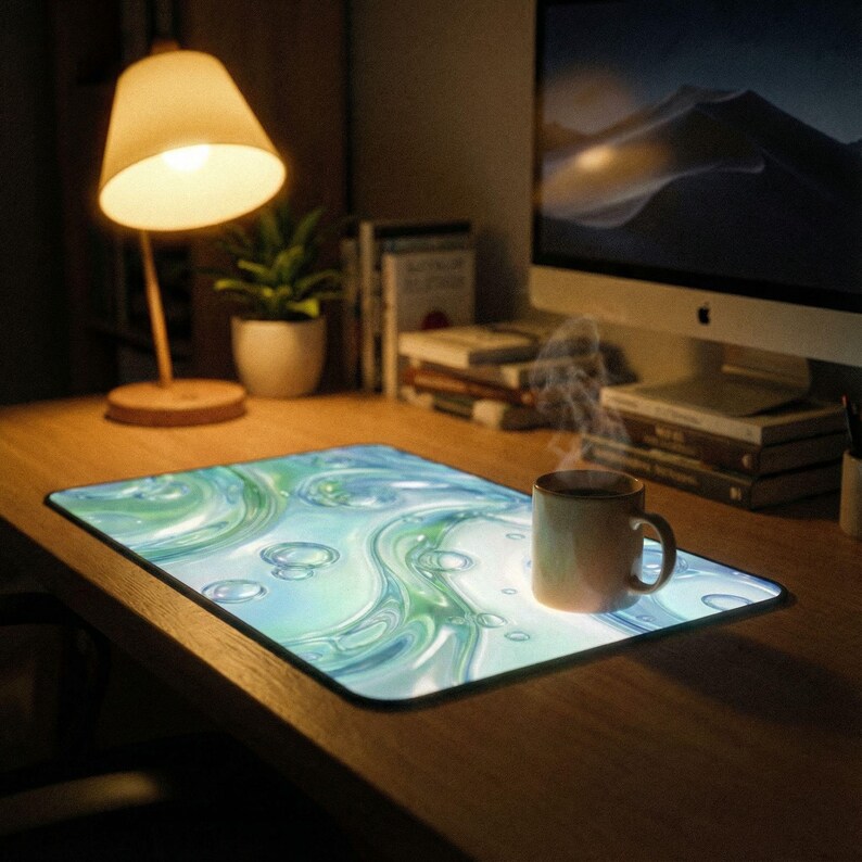 Puede incluir: Alfombrilla de rat&oacute;n rectangular con un dise&ntilde;o de agua en tonos azules y verdes. Una taza de caf&eacute; est&aacute; sobre la alfombrilla, con vapor saliendo de ella. Tambi&eacute;n se ven una l&aacute;mpara de escritorio y una peque&ntilde;a planta en maceta.