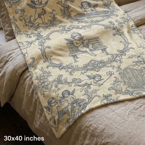May include: A cream-colored throw blanket with a blue toile pattern featuring cherubs, musical instruments, and ornate scrollwork. The blanket measures 30x40 inches.