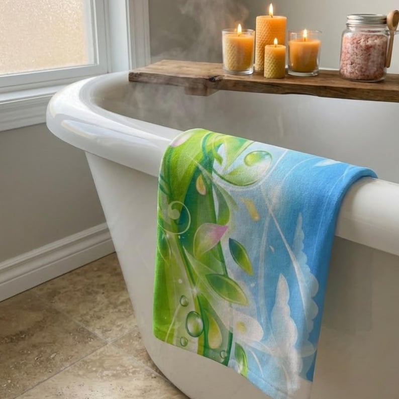 K&ouml;nnte beinhalten: Eine wei&szlig;e Badewanne mit einem blau-gr&uuml;nen Handtuch mit Blumenmuster, das &uuml;ber die Seite drapiert ist. Das Handtuch hat ein Design aus Bl&auml;ttern und Wassertropfen. Kerzen und Badesalze stehen auf einem Holzregal &uuml;ber der Wanne.