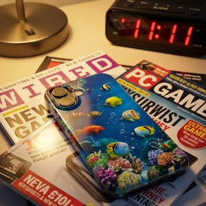 Pode incluir: Uma capa de telem&oacute;vel azul com um design subaqu&aacute;tico de peixes e corais coloridos. Est&aacute; sobre revistas, incluindo "WIRED" e "PC GAME". Um despertador mostra as horas 11:11.