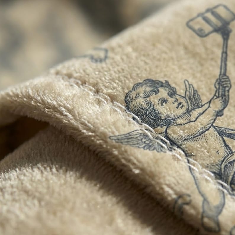 May include: Close-up of a beige fabric with a detailed illustration of a cherub holding a selfie stick. The cherub is depicted with wings and is taking a selfie. The fabric has a soft, velvety texture.