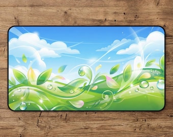 May include: A rectangular mousepad featuring a vibrant illustration of a sunny sky with fluffy white clouds, lush green hills, and delicate leaves. The design incorporates water droplets and a bright, airy aesthetic.