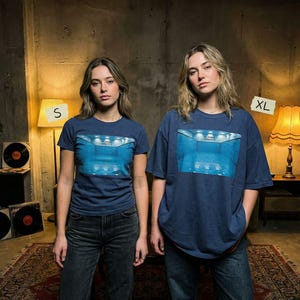 May include: Two navy blue t-shirts, one size S and one XL, featuring a blue graphic design. The shirts are worn by two people in a room with vintage decor, including a rug, lamps, and vinyl records.