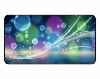 May include: A rectangular mousepad featuring a vibrant, abstract design. The artwork showcases a blend of blue, green, and purple hues with bokeh effects, sparkling accents, and flowing lines, creating a dreamy, artistic aesthetic.