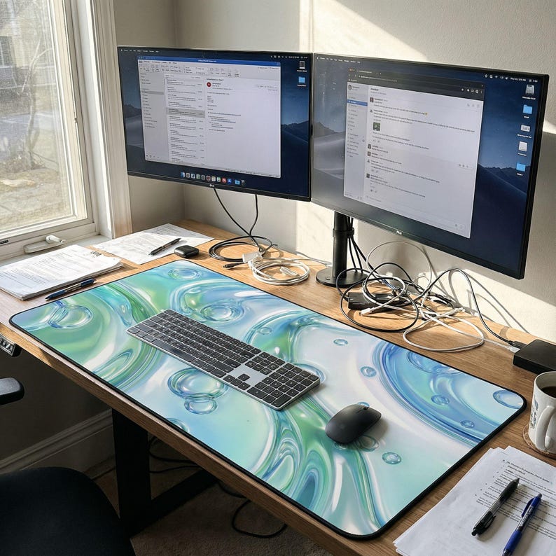 Puede incluir: Un escritorio grande con dos monitores de ordenador, un teclado y un rat&oacute;n. El escritorio tiene una colorida alfombrilla de rat&oacute;n con un dise&ntilde;o de burbujas azules y verdes. Una taza y papeles tambi&eacute;n est&aacute;n en el escritorio.