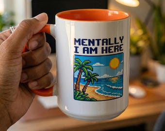 Mentally I Am Here Mug | Frutiger Aero Decor | Y2K Pixel Art Beach Design | Webcore