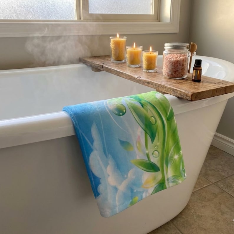 K&ouml;nnte beinhalten: Eine wei&szlig;e Badewanne mit einem h&ouml;lzernen Badewannenablage, auf der drei brennende Kerzen, ein Glas rosa Badesalz und eine Flasche &auml;therisches &Ouml;l stehen. Ein blaues und gr&uuml;nes Blumenhandtuch h&auml;ngt &uuml;ber dem Wannenrand. Dampf steigt aus dem Wasser auf.