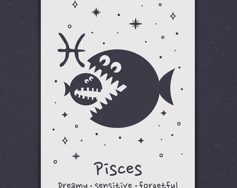 Pisces Zodiac Whimsical Astrology Poster, Pisces Minimalist Zodiac Sign Wall Art, Printable Star Sign, Pisces Print, Pisces Birthday Gift