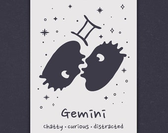 Gemini Whimsical Zodiac Sign Stylized Wall Art Poster, Gemini Poster Print, Minimalist Zodiac Poster, Duality Wall Art, Gemini Birthday Gift