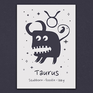 Póster artístico de pared del signo zodiacal Tauro, impresión ilustrativa del signo zodiacal, diseño astrológico imprimible, regalo para Tauro, regalo de cumpleaños de mayo