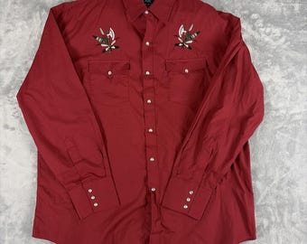 Camisa vaquera VTG Blair Western para hombre, talla XL, color rojo perla, con botones y bordados de nativos americanos.