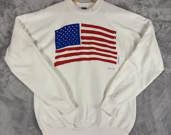 Vintage Screen Stars Amerikanische Flagge Größe XL Weißes Sweatshirt mit Rundhalsausschnitt 1990