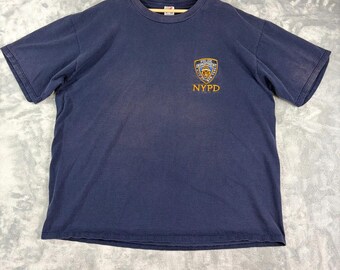 NYPD New York Police Department Embroidered T-Shirt Mens 2XL Blue Faded Vintage