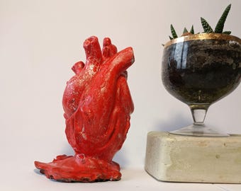 Escultura de corazón anatómico de yeso hecha a mano, con acabado craquelado rojo.