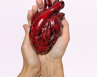 Escultura de corazón anatómico hecha a mano, corazón de yeso rojo (12 cm)