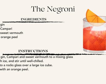 May include: A recipe for a Negroni cocktail, with instructions and ingredients listed. The image shows a glass of Negroni with an orange slice garnish.