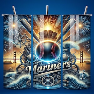 May include: Three stainless steel tumblers with a baseball theme. The tumblers feature a baseball, bats, fireworks, and the Golden Gate Bridge. The tumblers are decorated with the words "Mariners".