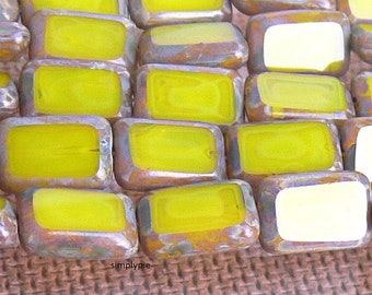 Yellow Jonquil Picasso Rectangle Czech Beads 12 Pcs 12mm Window Cut Milky Yellow Glass