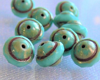 Turquoise Picasso Flying Saucer, Saturn Czech Beads 10 Pcs Glass Beads, 8x10mm
