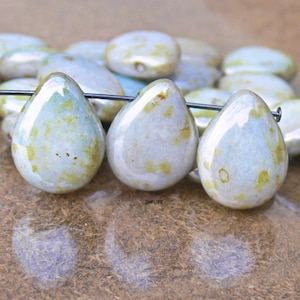 Green Lumi Picasso Pear Drops Czech Beads 6 Opaque Luster Teardrops