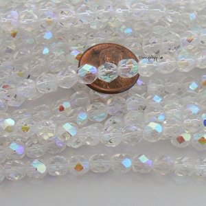 Crystal AB, Czech Beads Fire Polished 6mm 25 Faceted Round GLass