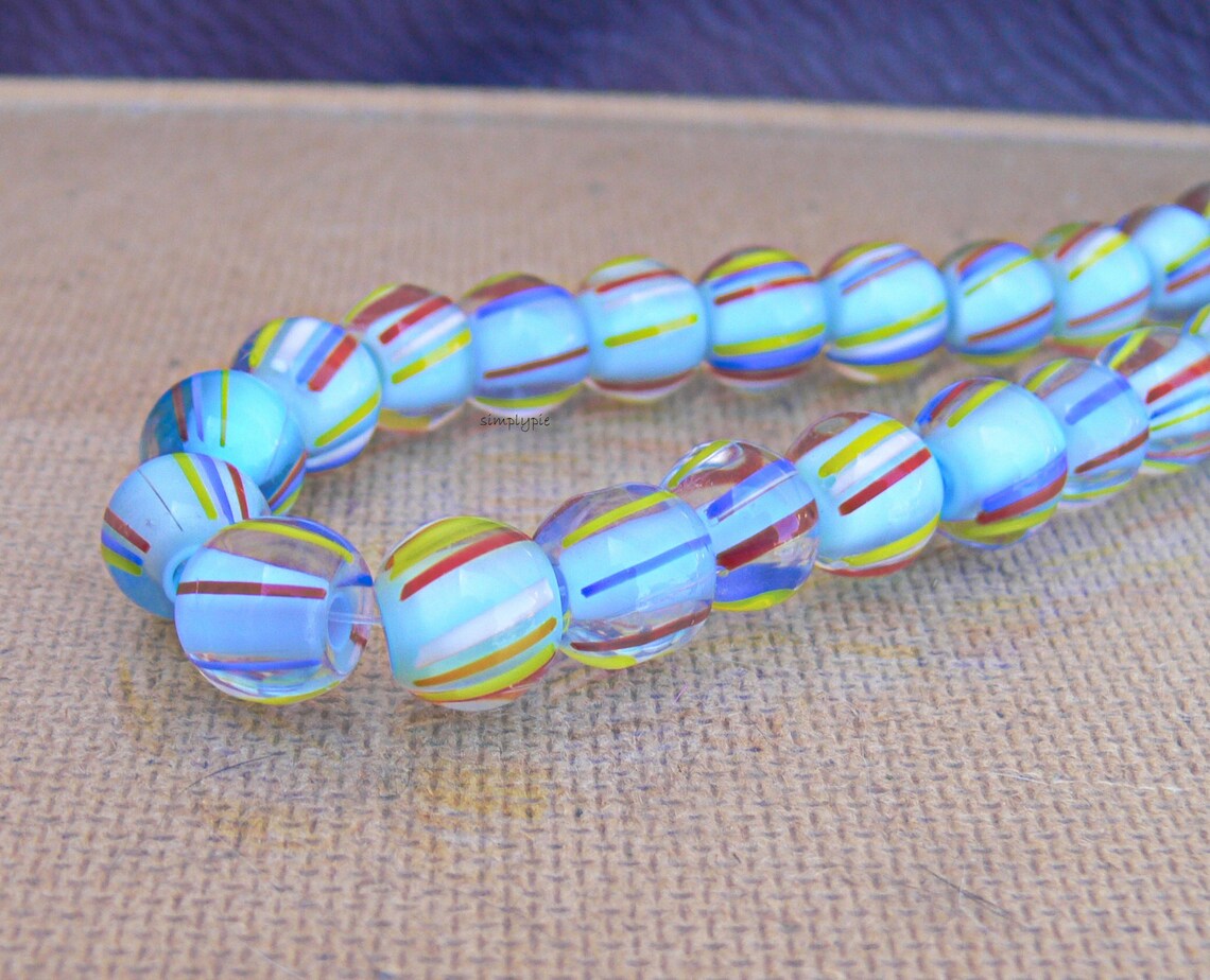 Vintage Round Striped Cane Glass Beads 11mm 20 Pcs Large Hole Etsy