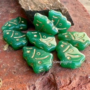Green Gold Christmas Tree, Czech Glass Beads,  8 Pcs