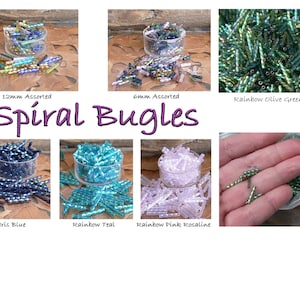 May include: Assortment of spiral glass bugle beads in various colors, including rainbow olive green, iris blue, rainbow teal, and rainbow pink rosaline. The beads are shown in small glass jars and in a hand.