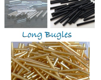 Long Bugle Tube Czech Glass Beads 50 Ur Pick Black Silver Gold Lined Clear