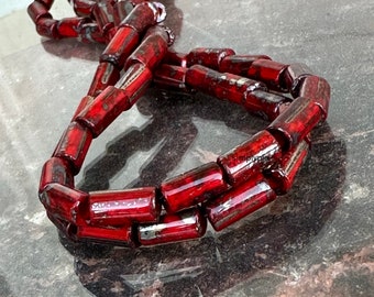 Red Picasso Aged Bugle Tube Beads Strand Czech Beads Ten-Inch-Long #34bTube Cylinder