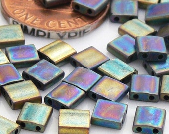 Cuentas de vidrio TILA azul iris mate Miyuki 50, dos agujeros, 5 mm cuadradas