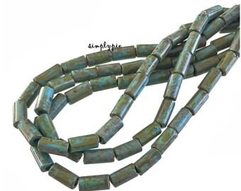 Turquoise Picasso Aged Bugle Tube Beads Strand Czech Beads Ten-Inch-Long #34bTube Cylinder