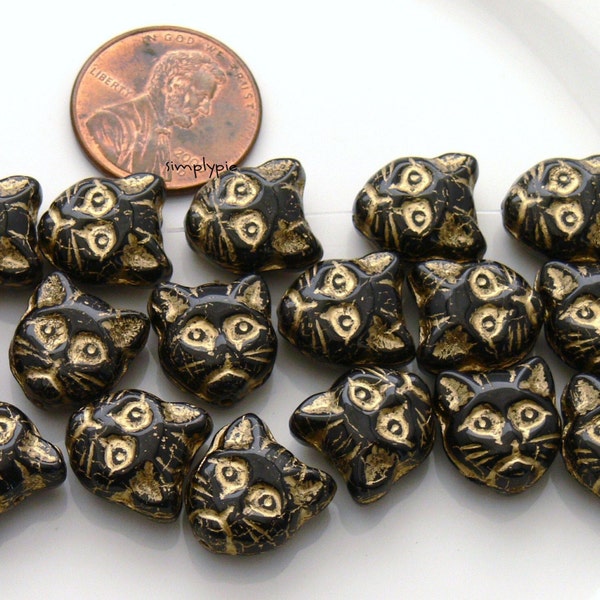 Black Gold Cat Face Czech Glass Beads 12 Kitty Beads, Animal Glass Beads