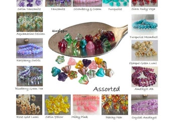 Baby Bell Czech Glass Beads, 25 Small Flower Cup Ur Pick Tanzanite Turquoise Blueberry Green Lumi Peach Pear Yellow