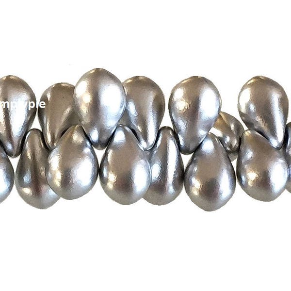 Matte Silver Drops, Czech Glass Beads, 25 Teardrops 6x9mm Beads