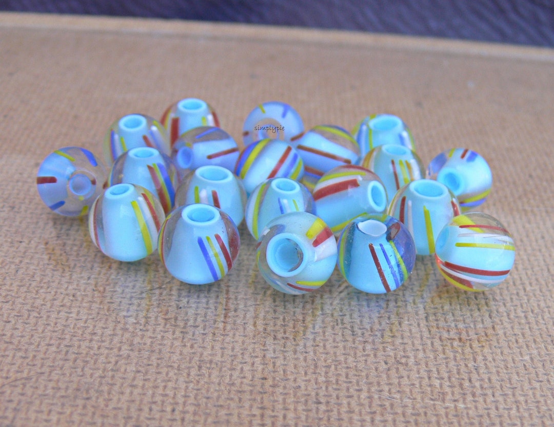 Vintage Round Striped Cane Glass Beads 11mm 18 Pcs Large Hole Etsy