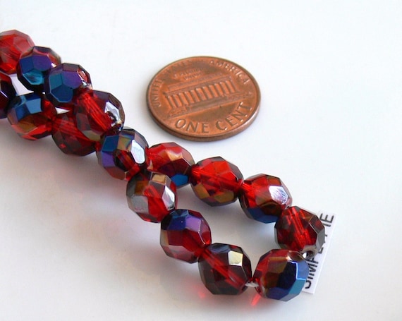 25 8mm Round Faceted Czech Glass Fire Polish Beads Ruby Red Azuro
