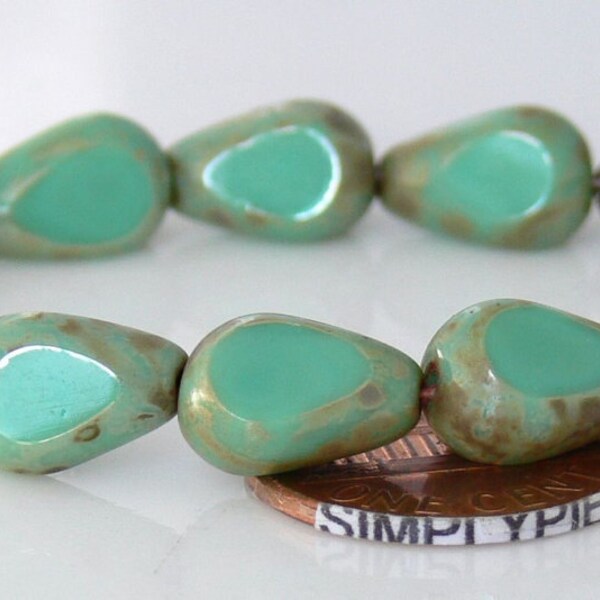 Turquoise Picasso Three-Cut Teardrop 12 Czech Glass Beads 12mm