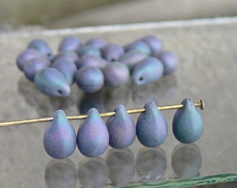 Matte Iris Purple Drops, Czech Glass Beads, 25 Teardrops 6x9mm Beads