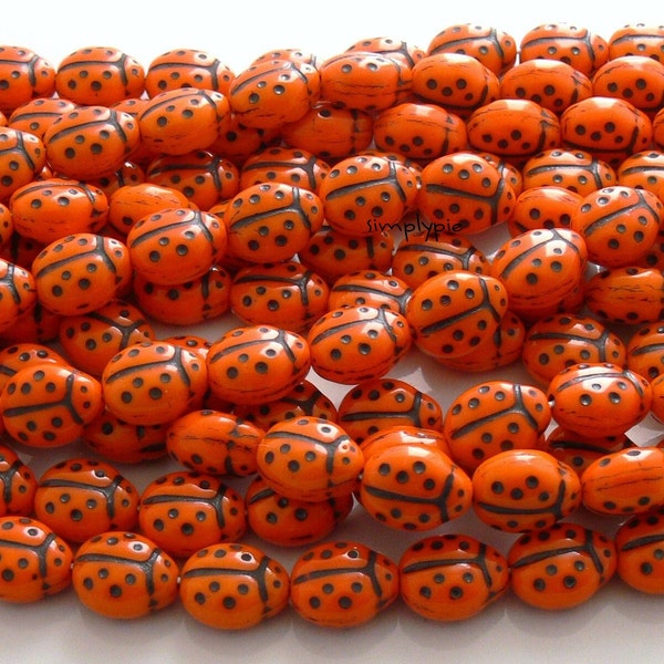 Orange Ladybug Czech Glass Beads 25 Lady Bug with Black Dots