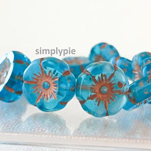 Aqua Copper Wash Pansy Czech Beads 6 Pcs 12mm Glass Flowers
