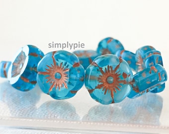 Aqua Copper Wash Pansy Czech Beads 6 Pcs 12mm Glass Flowers